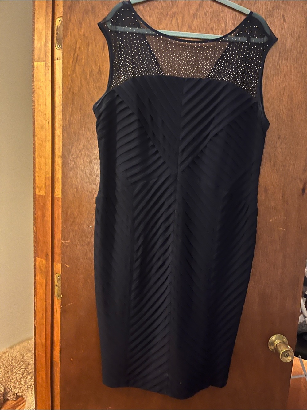 Calvin Klein Black Sleeveless Sheath Dress with Rhinestone Mesh Yoke